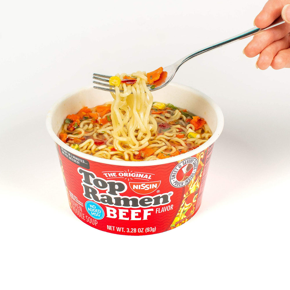 Nissin Top Ramen Beef on a kitchen counter ready to heat.