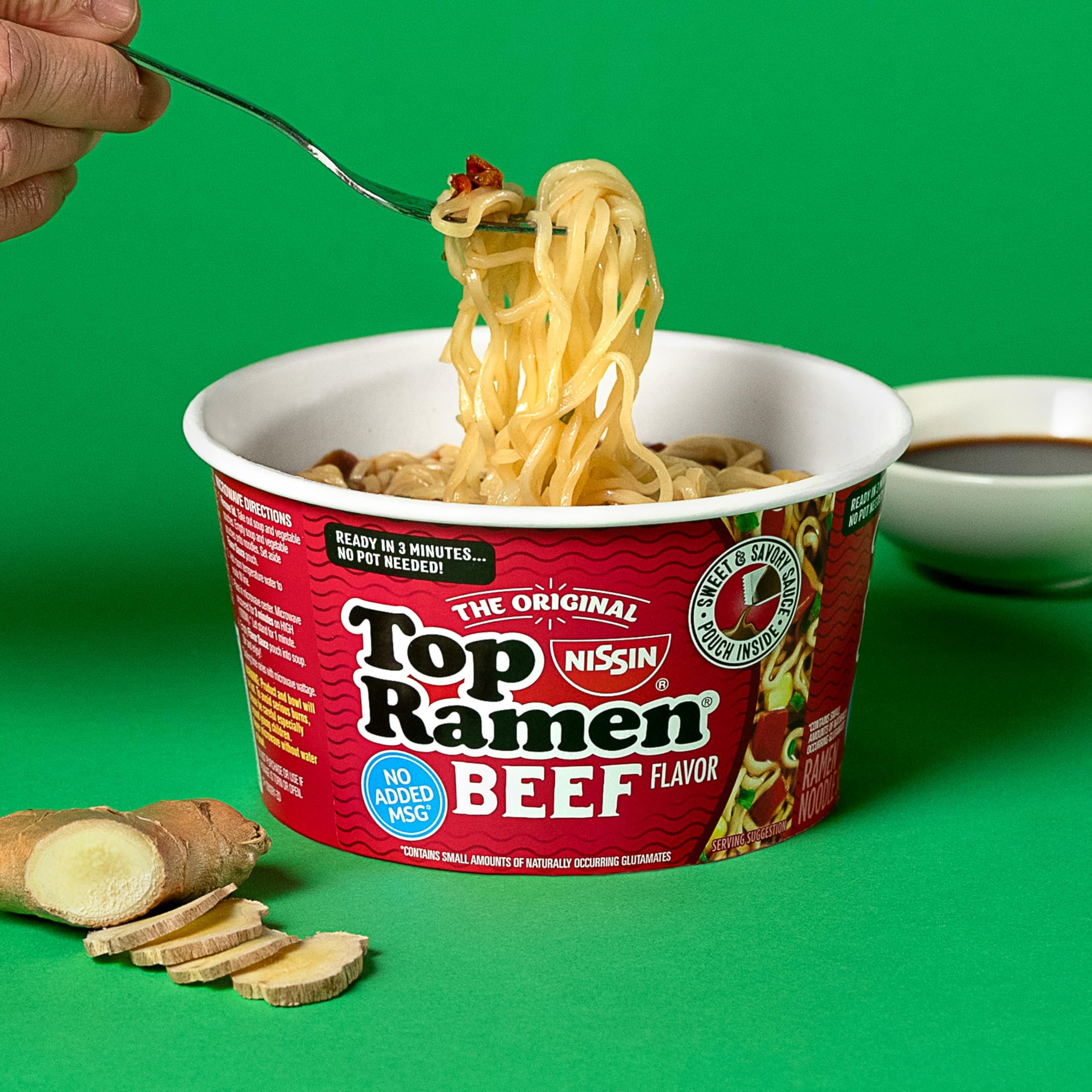 Nissin Top Ramen Beef noodles close-up showing hearty texture.