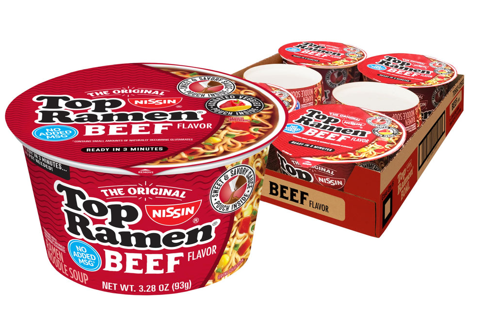 Nissin Top Ramen Beef bowl six-pack ready-to-eat meals.