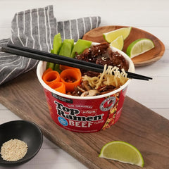 Nissin Top Ramen Beef with teriyaki sauce packet for flavor boost.
