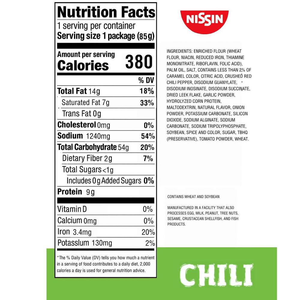 Nissin Top Ramen Chili 24-pack, ideal bulk pantry staple.