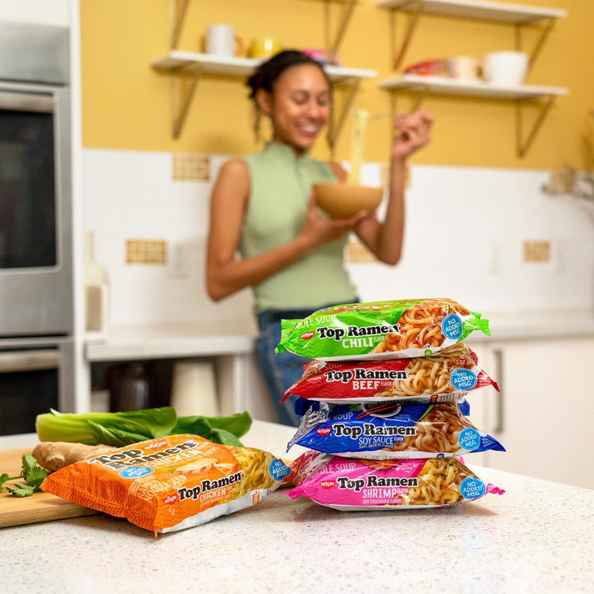 NISSIN Top Ramen Beef serving supports easy meal prep with toppings.