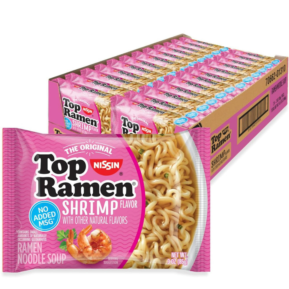 NISSIN Top Ramen Shrimp packaging showing a 24-pack for quick meals