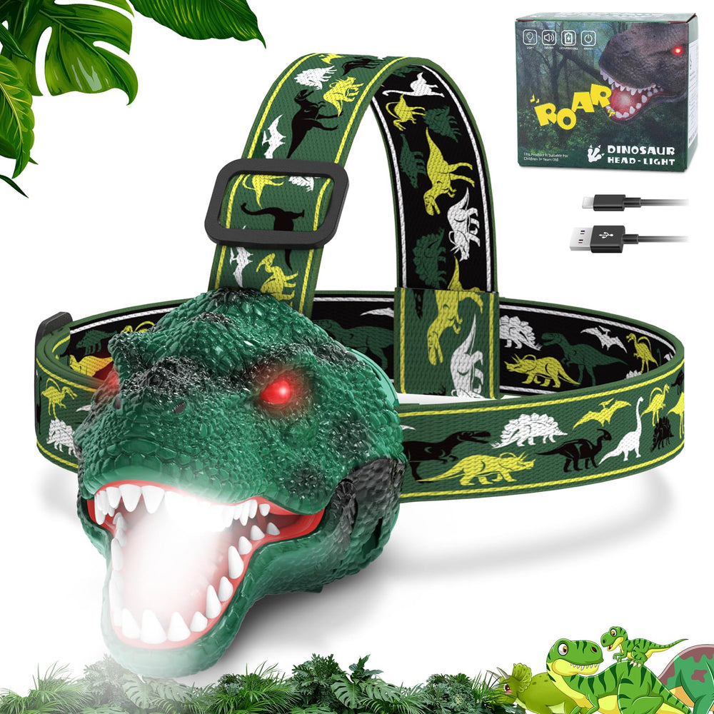 Nitigo dinosaur headlamp worn by a kid during outdoor play with bright light.
