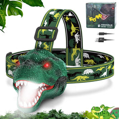 Nitigo dinosaur headlamp worn by a kid during outdoor play with bright light.