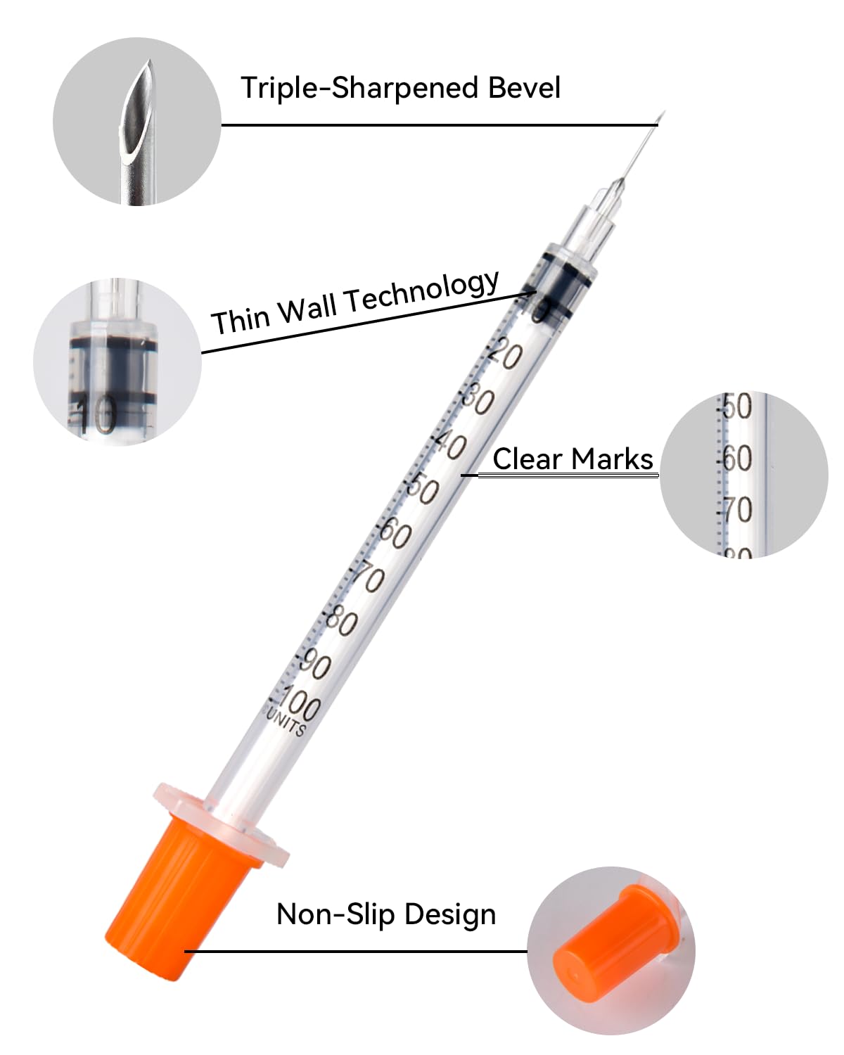 NITYLNRE U-100 syringe with clear volume markings for precise reading