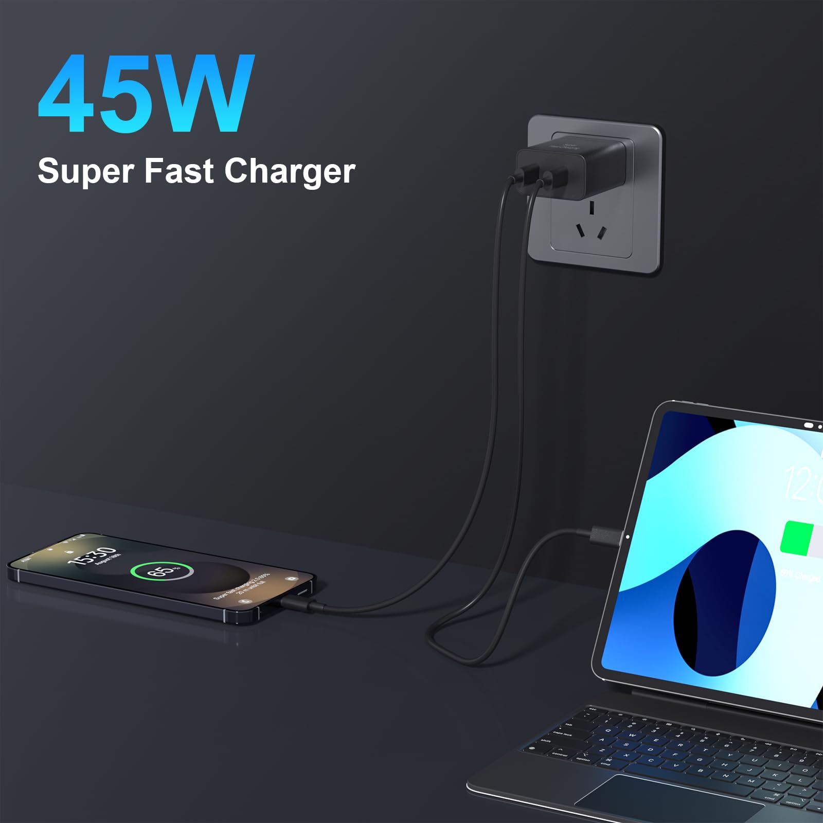 Niubil 45W charger side angle highlighting compact travel-friendly design.