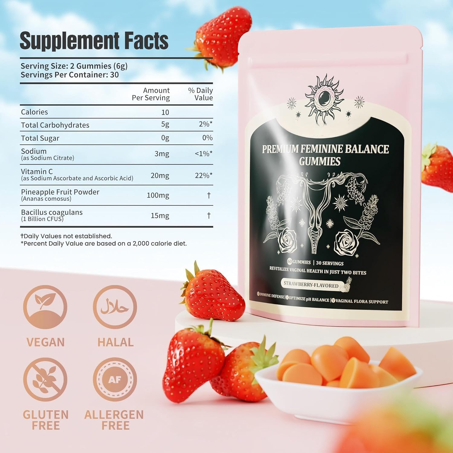 NIUSISE gummies close-up shows strawberry flavor and chewy texture for daily use.