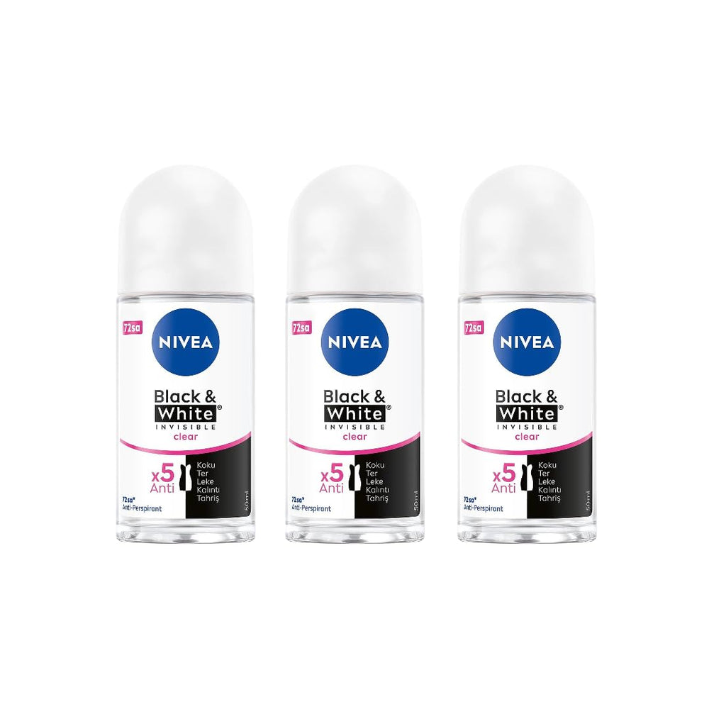 NIVEA Black & White Invisible Roll-On bottle-front in a 3-pack for on-the-go freshness