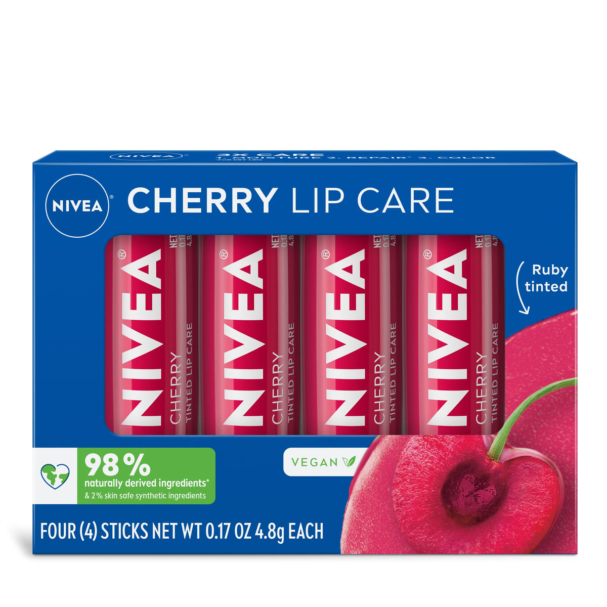 NIVEA Cherry Lip Care four-pack with ruby tint and moisture