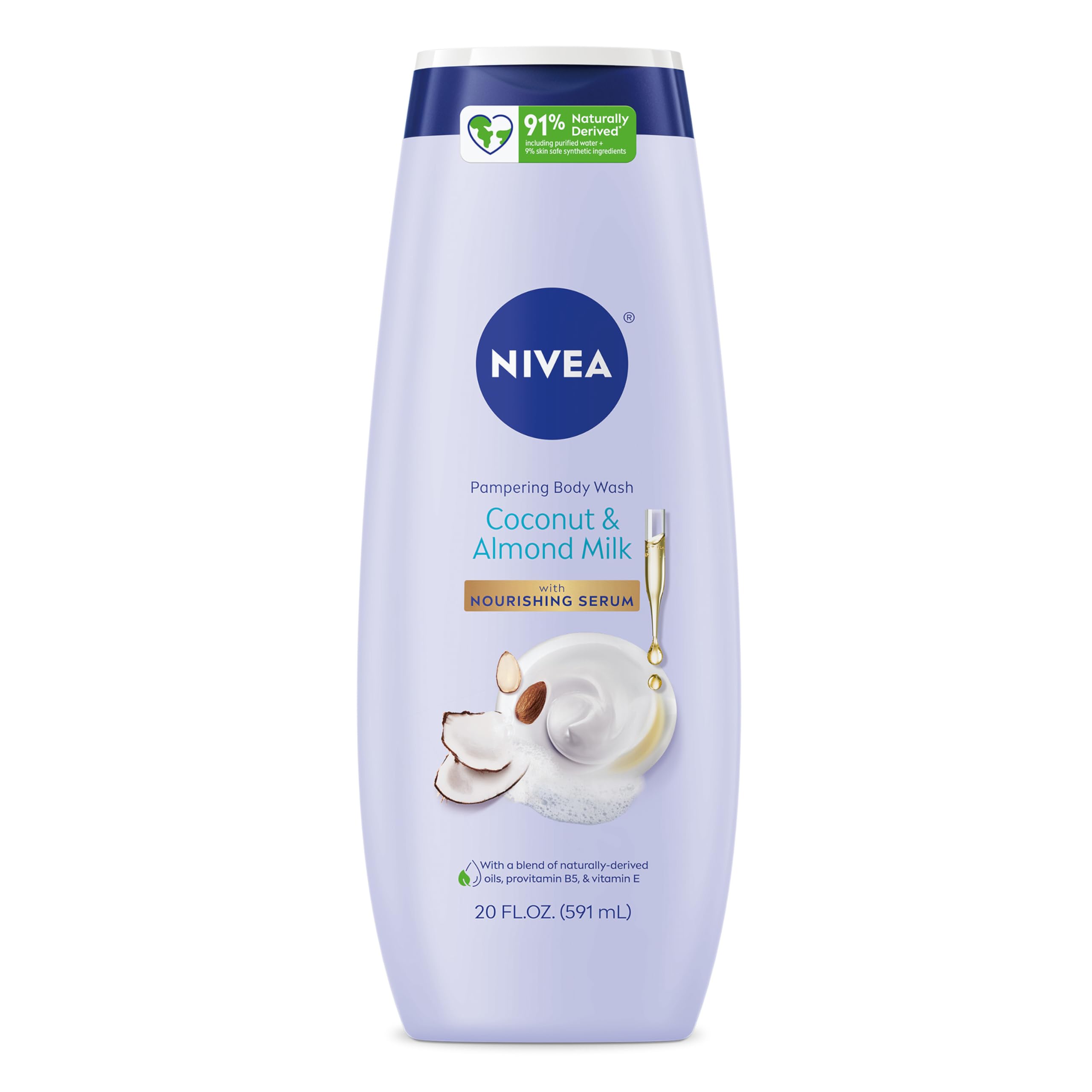 NIVEA Coconut and Almond Milk Body Wash bottle showing nourishing serum for daily cleansing