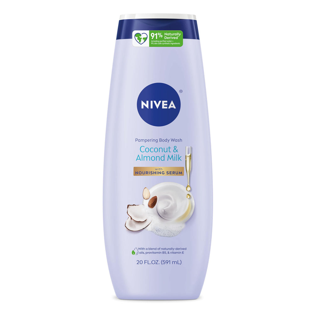 NIVEA Coconut and Almond Milk Body Wash bottle showing nourishing serum for daily cleansing