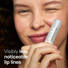 NIVEA Dewy Lip Care with Hyaluronic Acid highlights lasting moisture.