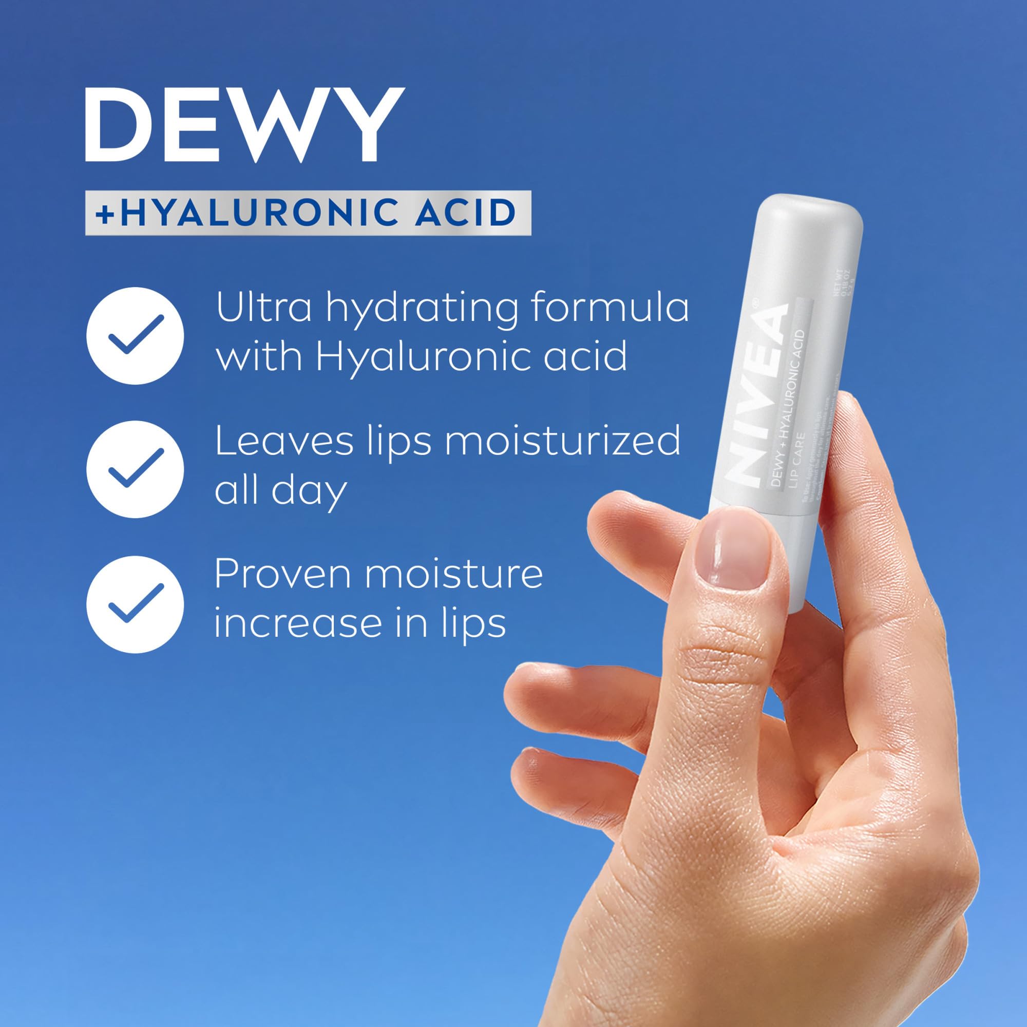 NIVEA Dewy Lip Care tube during application provides smooth moisture.