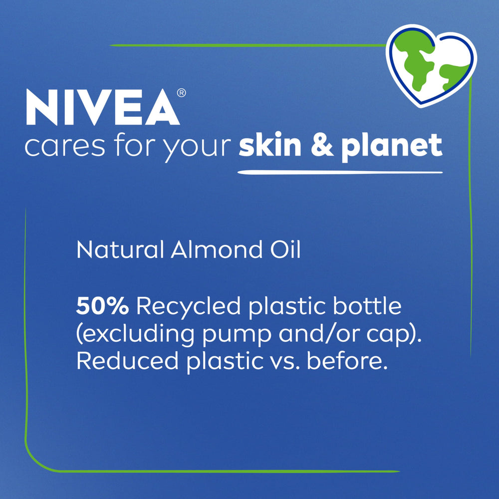 NIVEA fifty-percent-recycled-packaging highlights eco-conscious bottle.