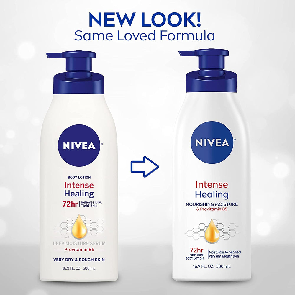 NIVEA Intense Healing Lotion pump bottle closeup for quick application.