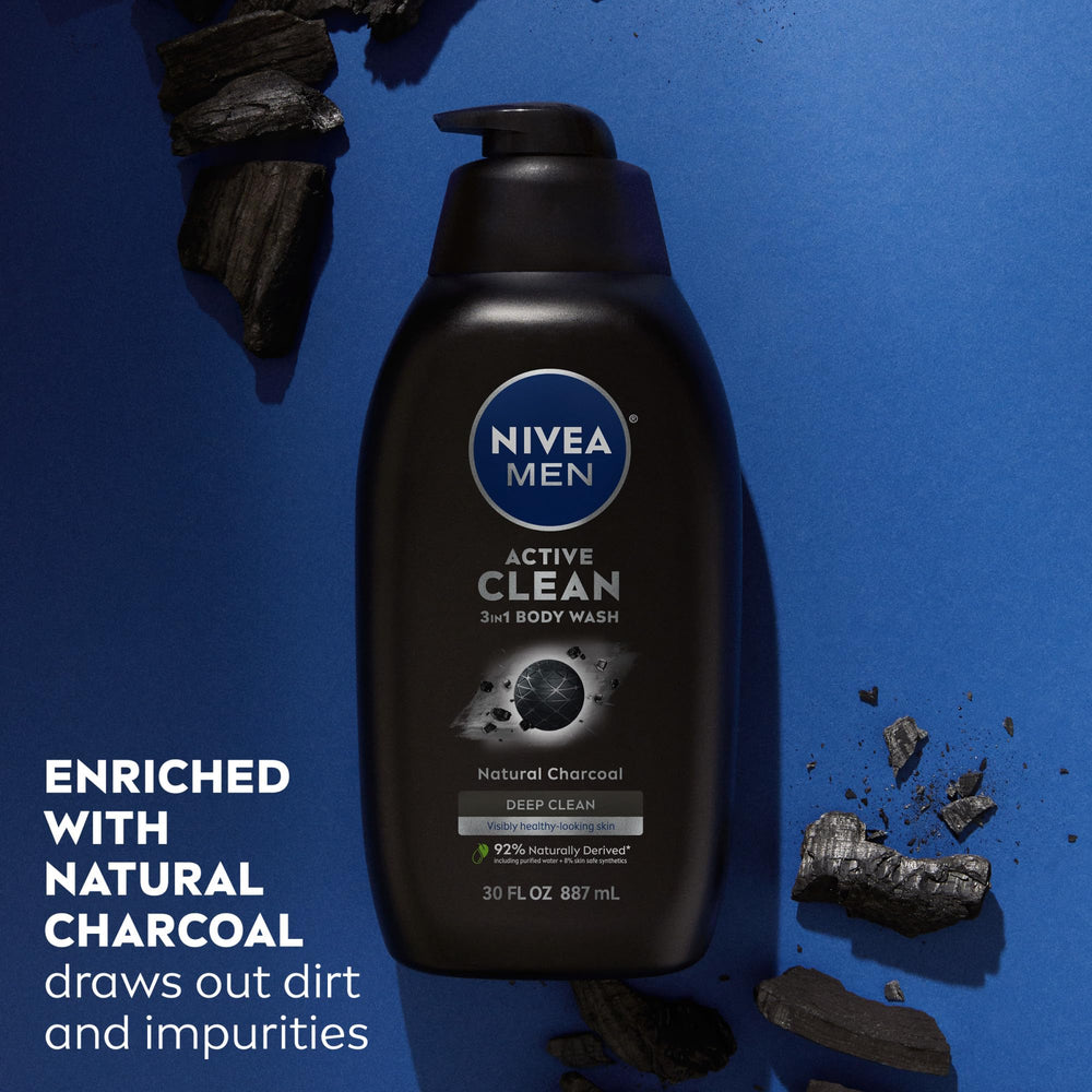 Product label closeup showing masculine scent and 3-in-1 use.
