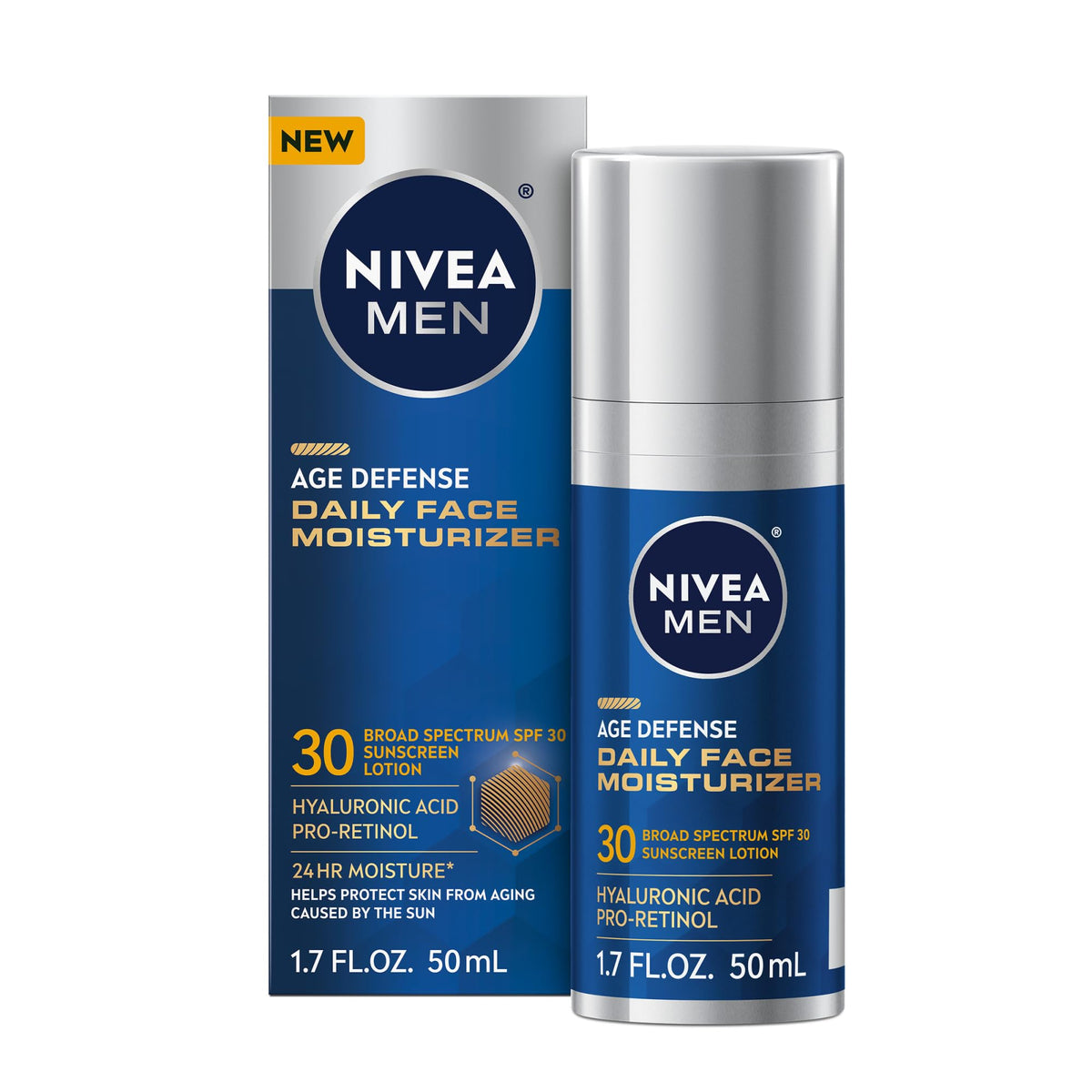 NIVEA MEN Age Defense bottle front with SPF 30 for daily sun protection