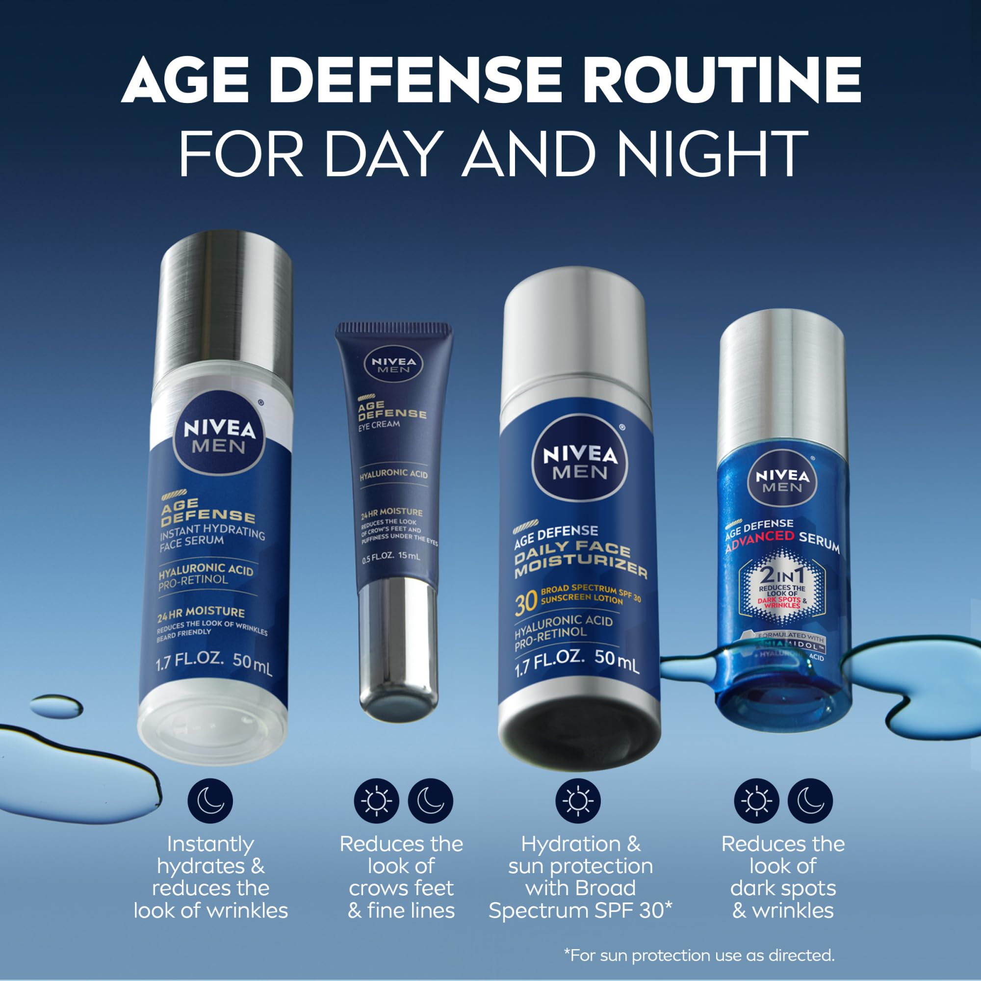 NIVEA MEN Age Defense broad-spectrum SPF30 label emphasizing sun protection