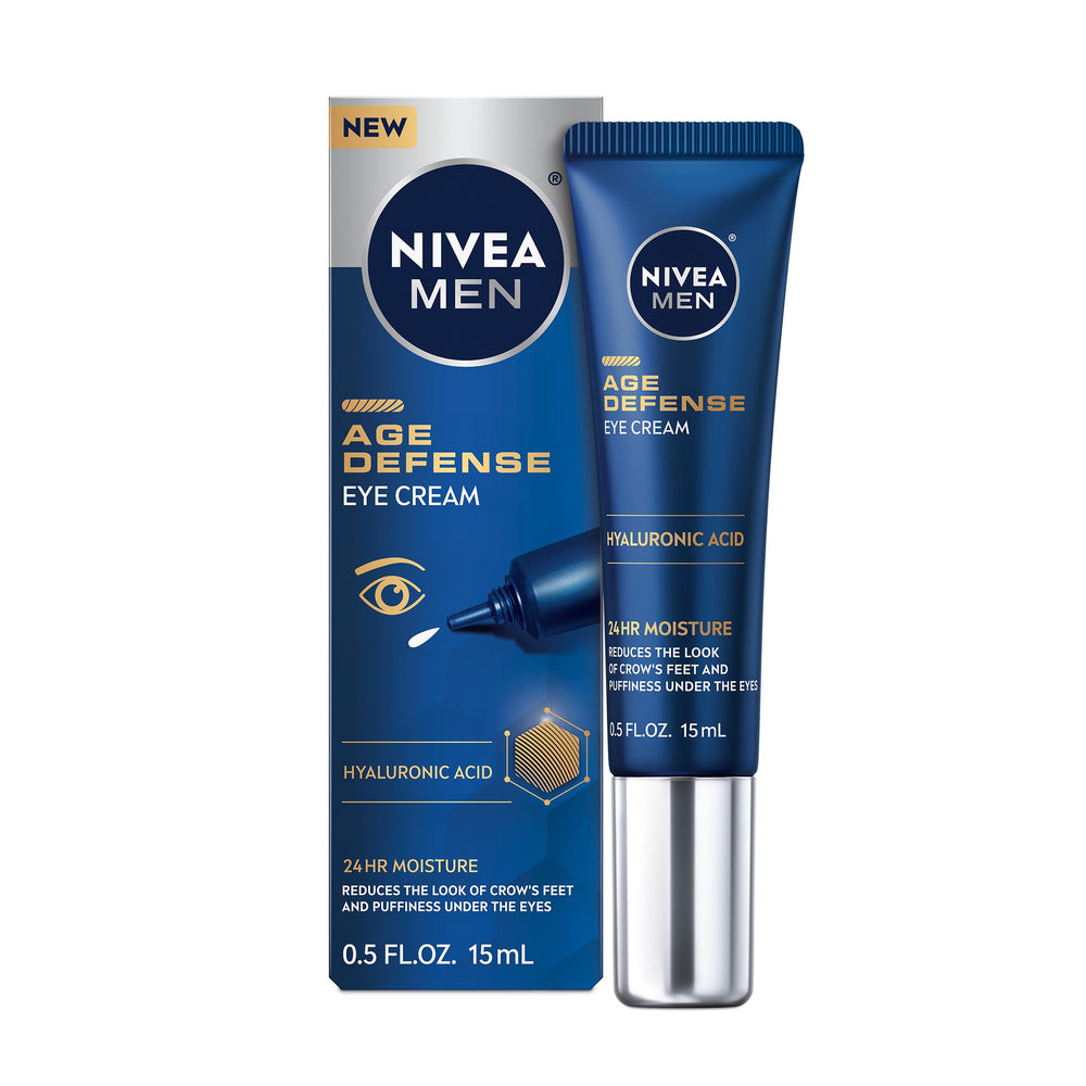 NIVEA MEN Age Defense Eye Cream bottle pouring hydration under eyes