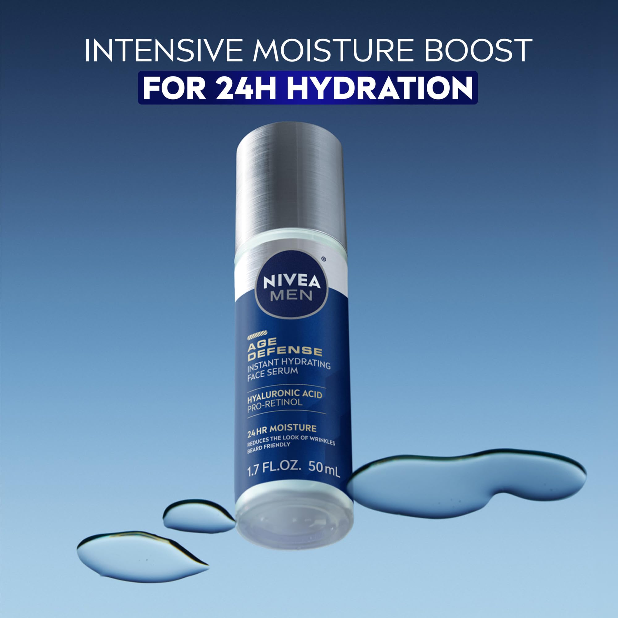 NIVEA MEN Age Defense bottle back view reveals ingredients and usage
