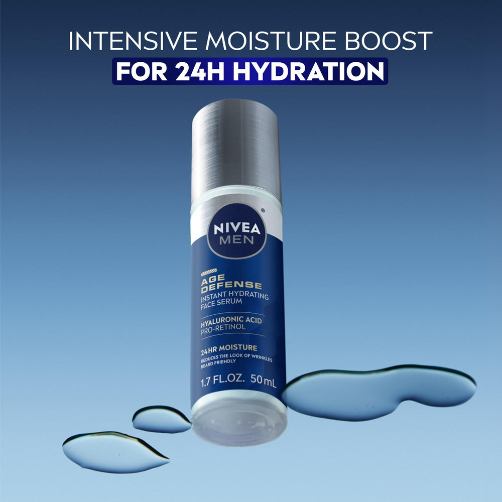 NIVEA MEN Age Defense bottle back view reveals ingredients and usage