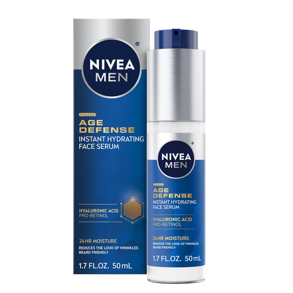 NIVEA MEN Age Defense bottle front view highlighting hydrating serum benefits