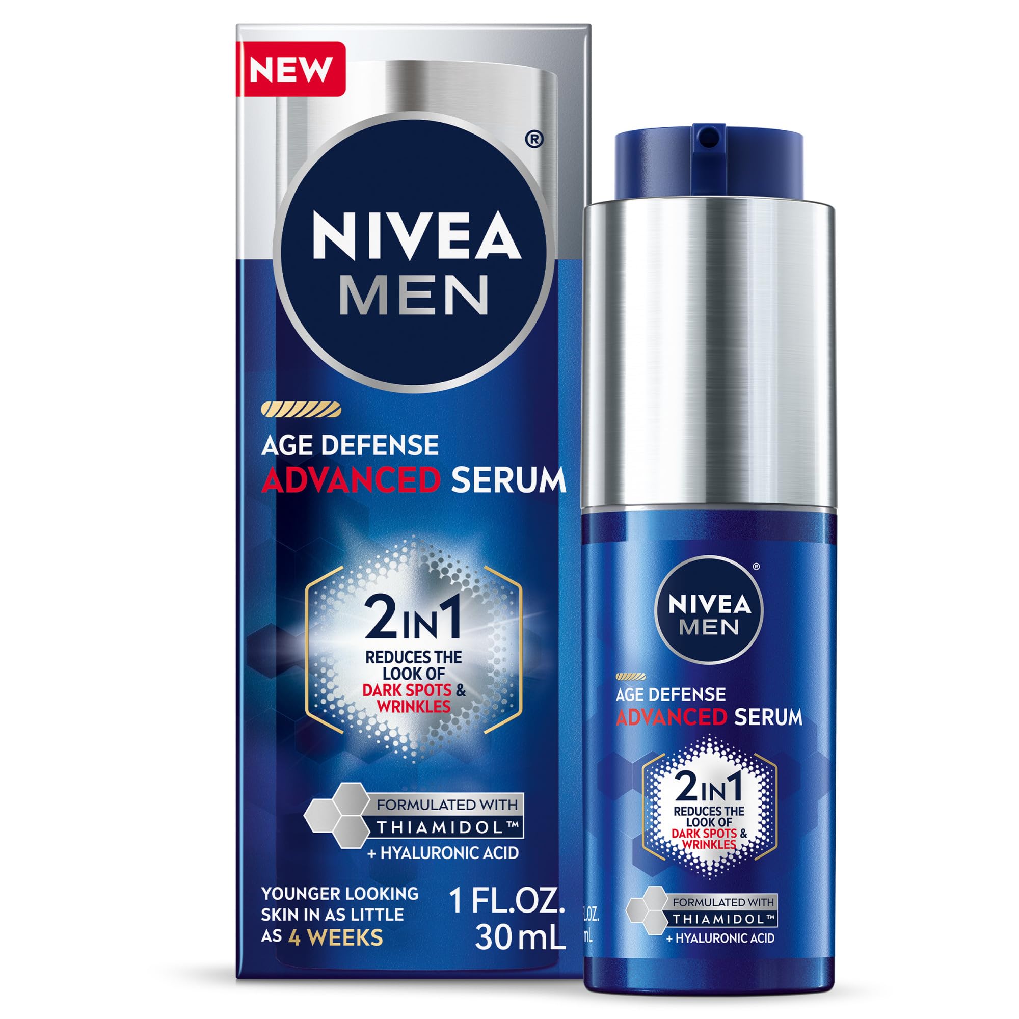 NIVEA MEN Age Defense serum bottle in view, showcasing sleek packaging for daily skin care.