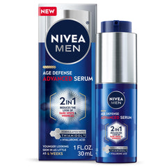 NIVEA MEN Age Defense serum bottle in view, showcasing sleek packaging for daily skin care.