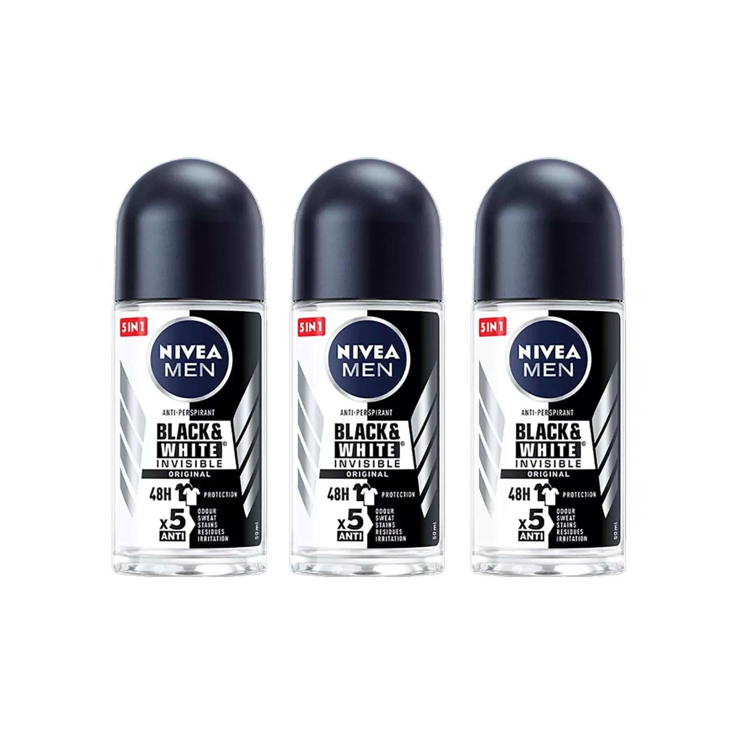 NIVEA Men Black & White Roll-On bottle pouring, delivering 72-hour protection and gentle underarm freshness