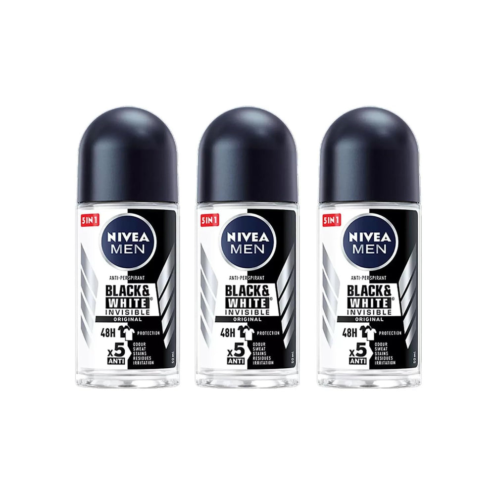 NIVEA Men Black & White Roll-On bottle pouring, delivering 72-hour protection and gentle underarm freshness