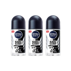 NIVEA Men Black & White Roll-On bottle pouring, delivering 72-hour protection and gentle underarm freshness