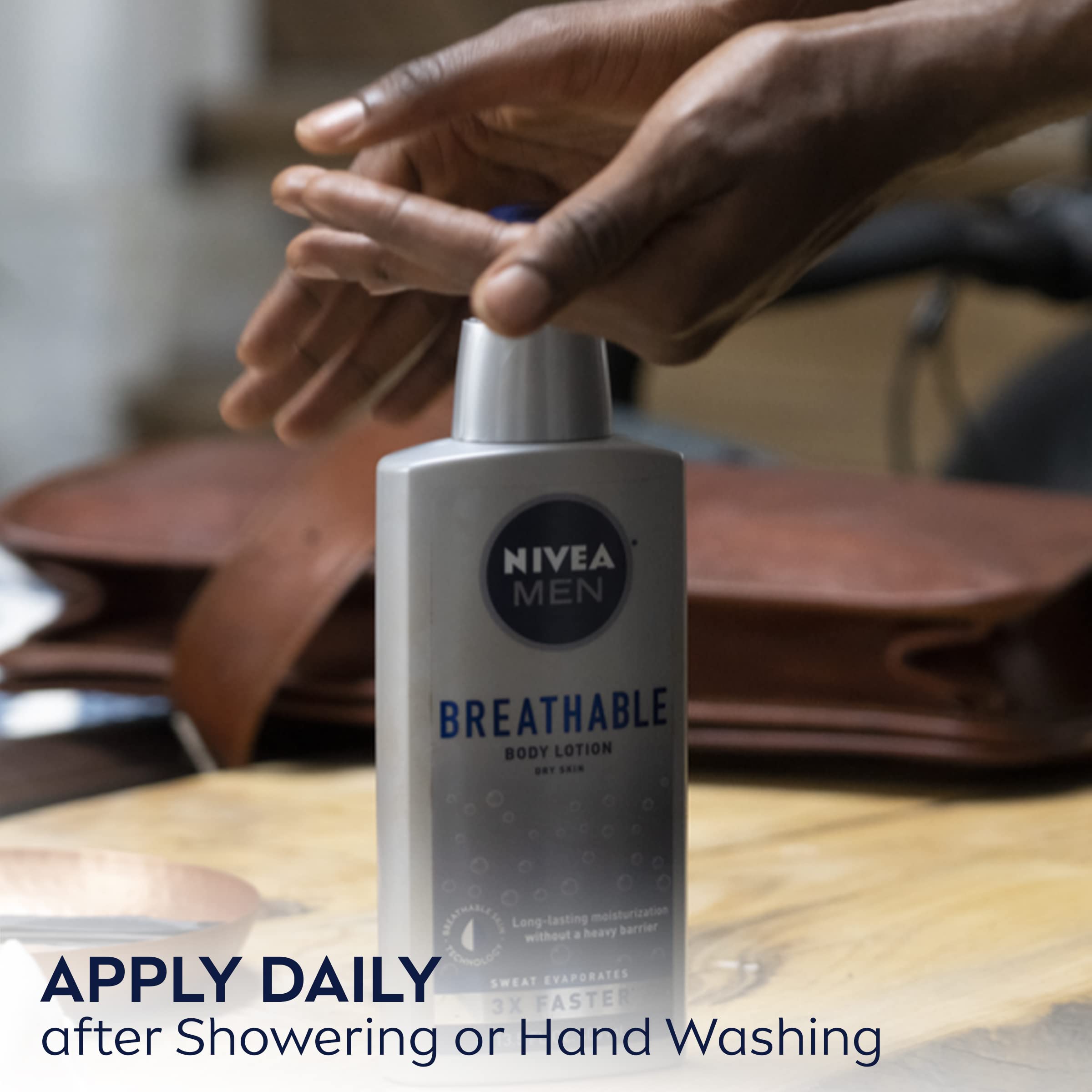 NIVEA MEN bottle pump closeup demonstrates easy daily application.