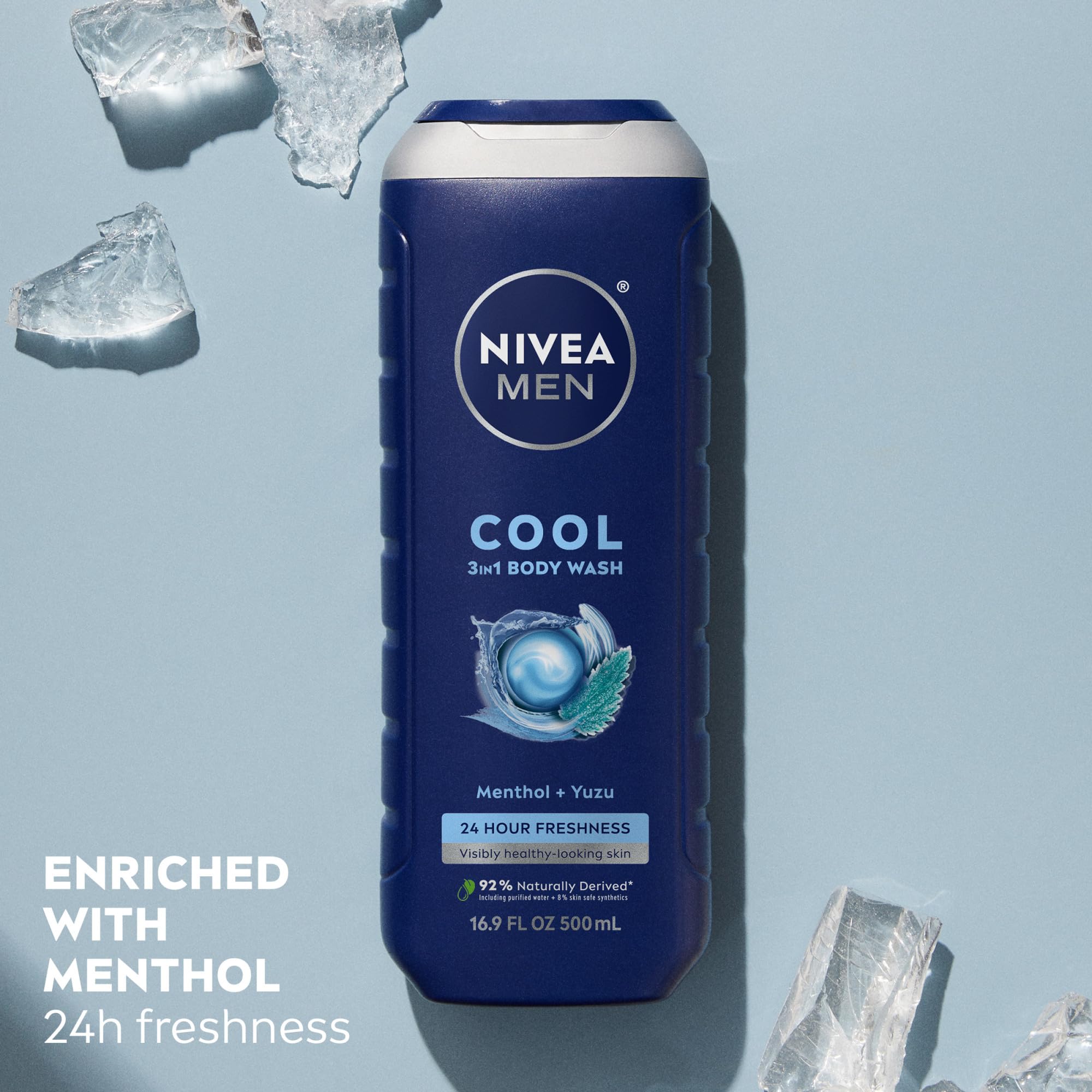 NIVEA MEN Cool Body Wash 3-in-1 label highlights face, body, hair use