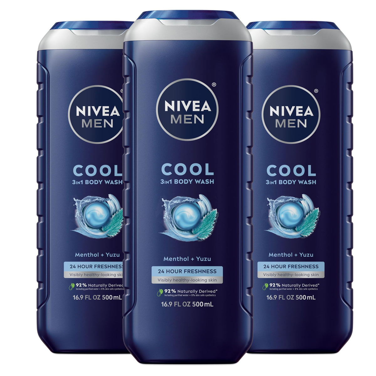 NIVEA MEN Cool Body Wash bottle closeup with icy menthol refresh