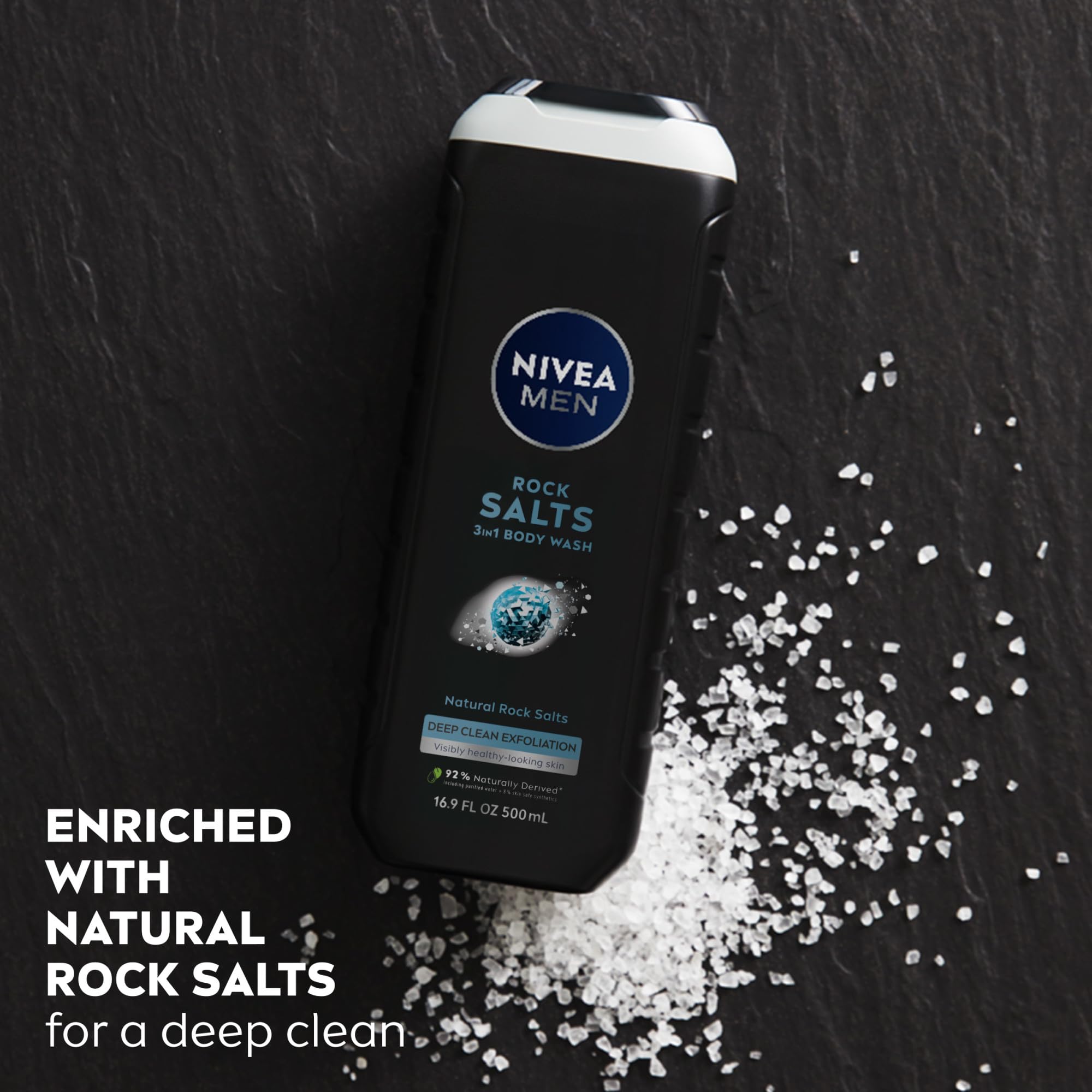 NIVEA MEN Deep Clean Rock Salts Bottle with woody fragrance after shower