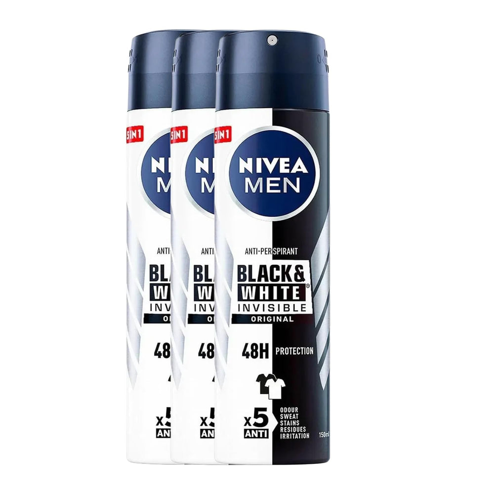 NIVEA Men Invisible Black & White Original spray bottle prevents white marks on black fabrics.
