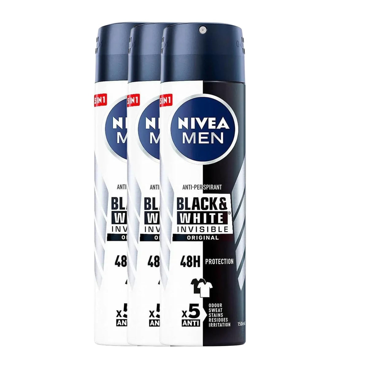 NIVEA Men Invisible Black & White Original spray bottle prevents white marks on black fabrics.