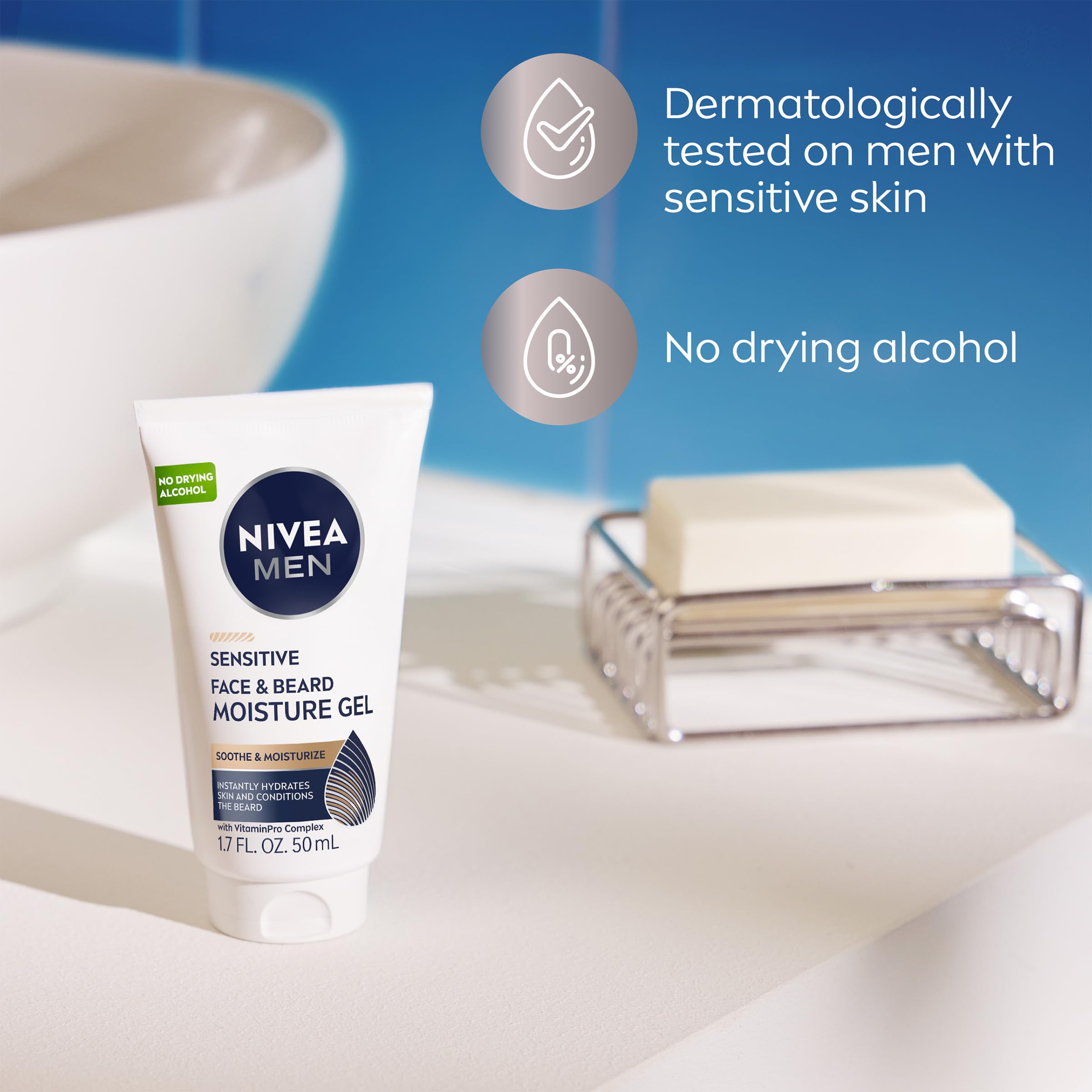 Dermatologist-tested label highlighted on NIVEA MEN gel.