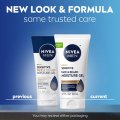 NIVEA MEN Sensitive Moisture Gel packaging display shows triple-pack for daily use.