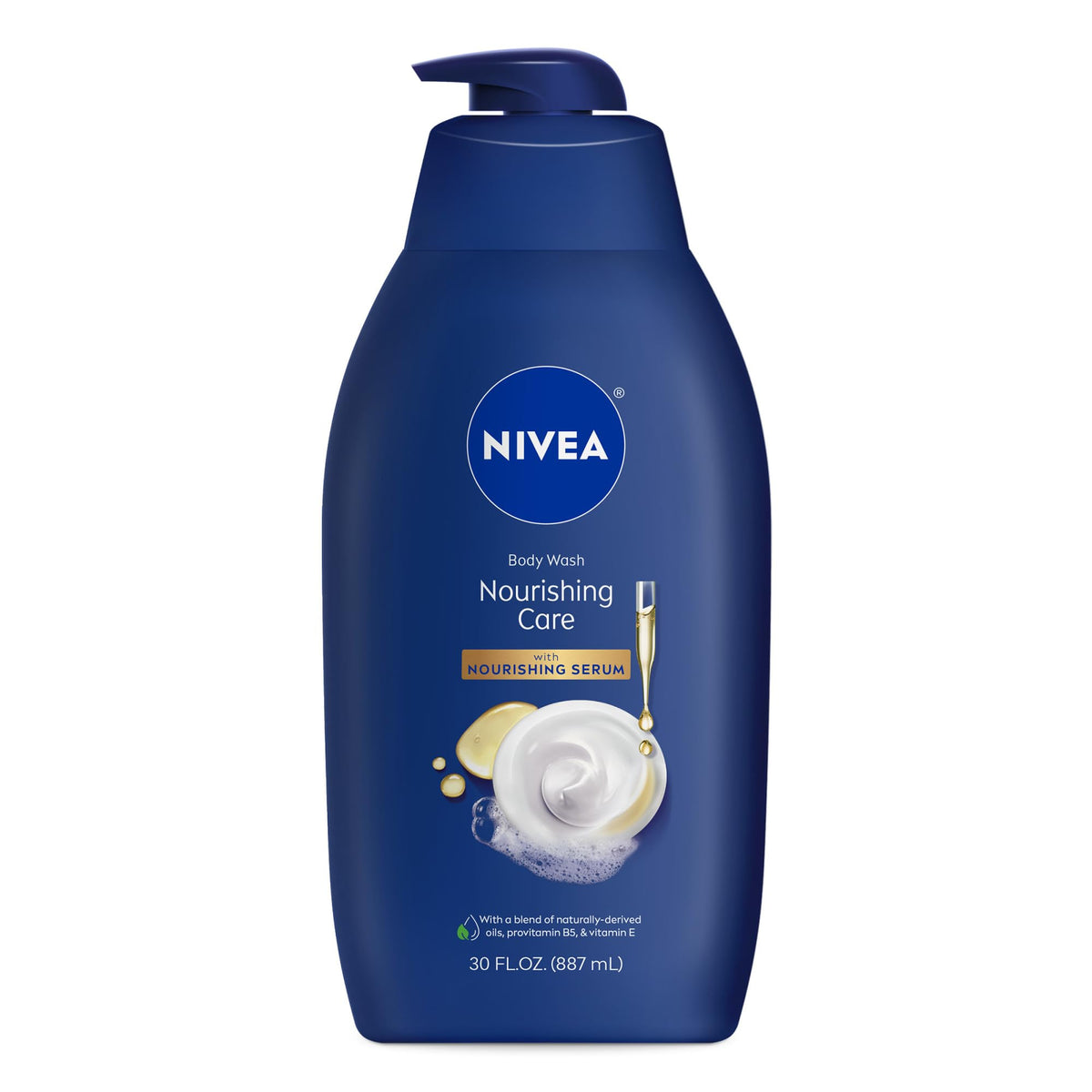 NIVEA Nourishing Care Body Wash bottle foreground—hydrates dry skin.