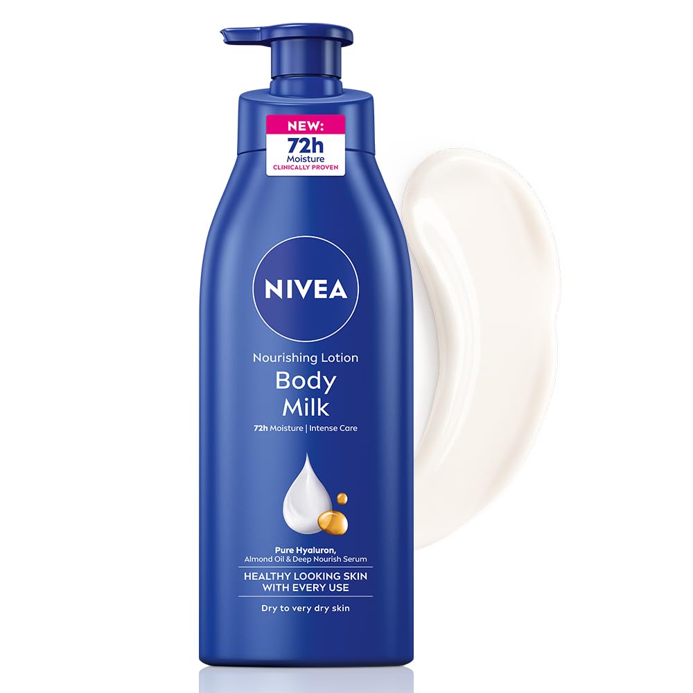 NIVEA Nourishing Lotion almond oil close-up highlights skin-softening formula.