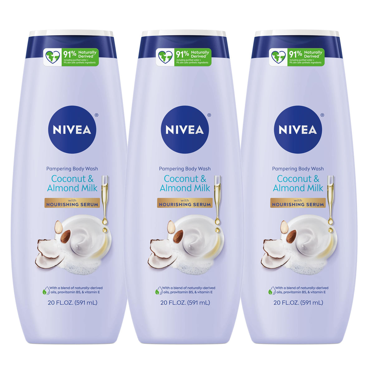 NIVEA Pampering Coconut and Almond Milk Body Wash bottle with nourishing serum for daily moisture.