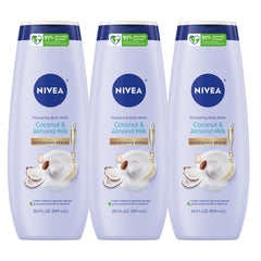 NIVEA Pampering Coconut and Almond Milk Body Wash bottle with nourishing serum for daily moisture.