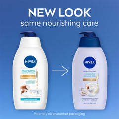 NIVEA Coconut and Almond Milk body wash pour cap highlighting tropical scent and hydration.