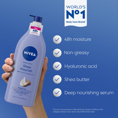 NIVEA Shea Nourish contains hyaluronic acid for deep hydration focus.