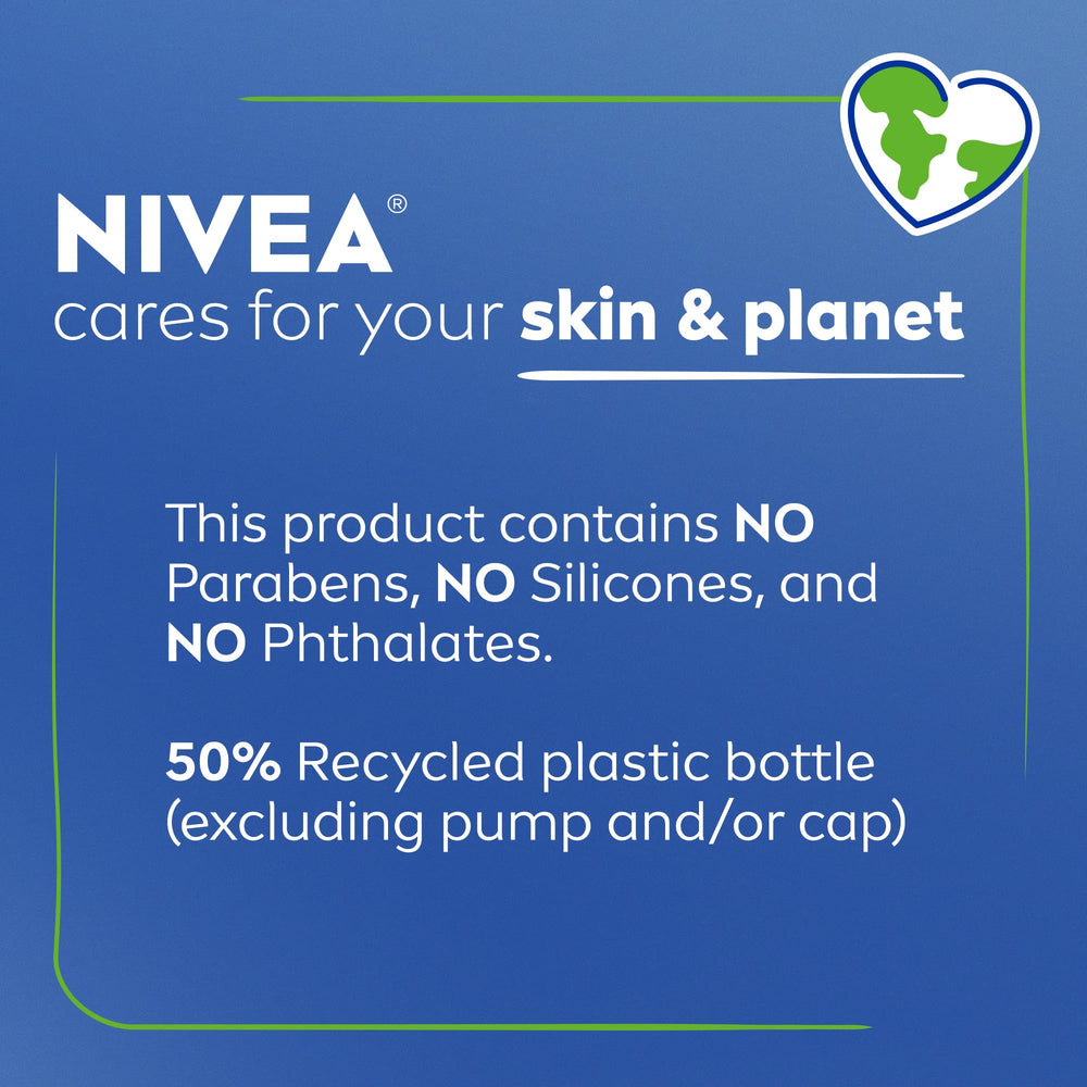 NIVEA bottle packaging made with 50% recycled plastic.