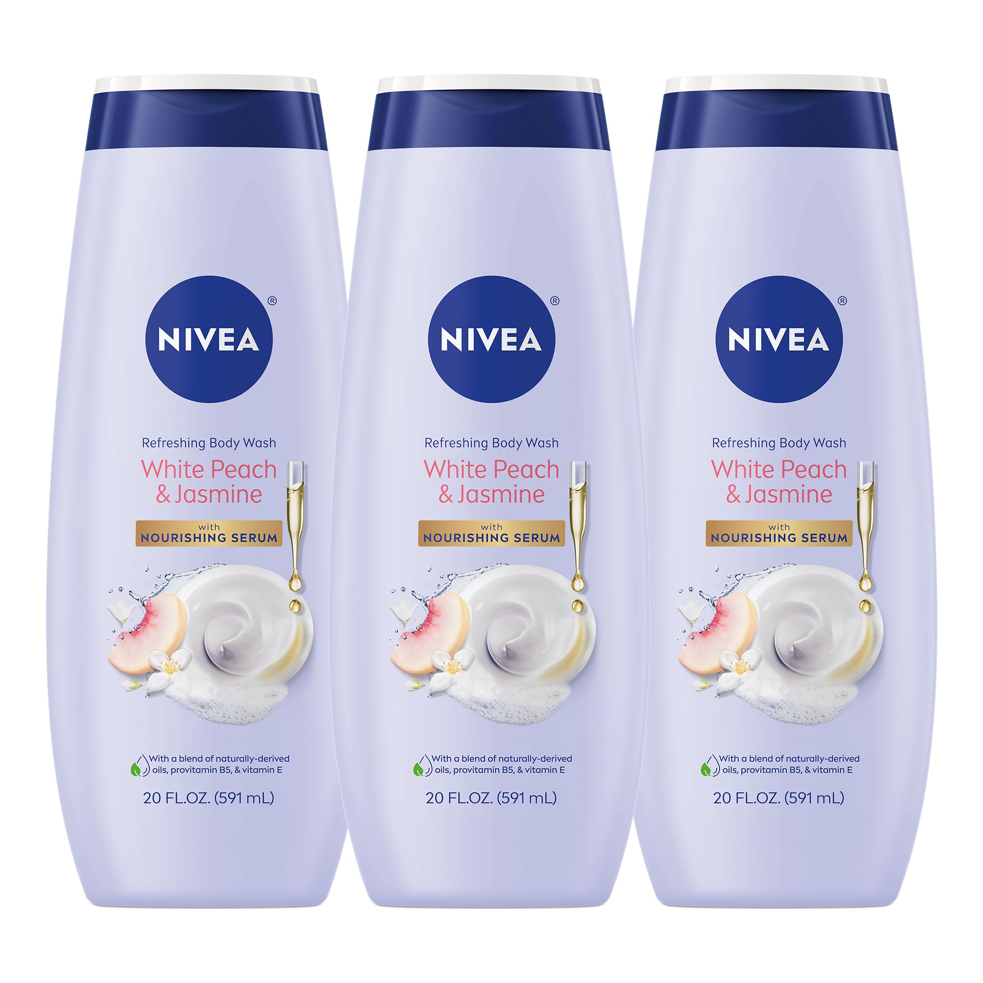NIVEA White Peach and Jasmine body wash bottle front for a refreshing cleanse.