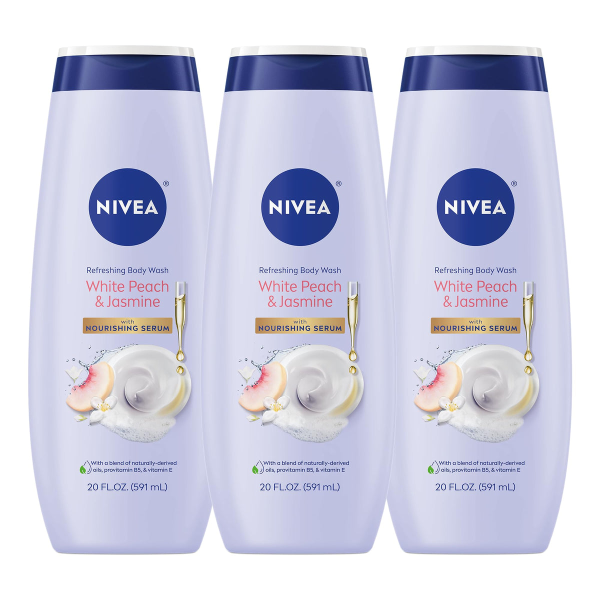 NIVEA White Peach and Jasmine body wash bottle front for a refreshing cleanse.