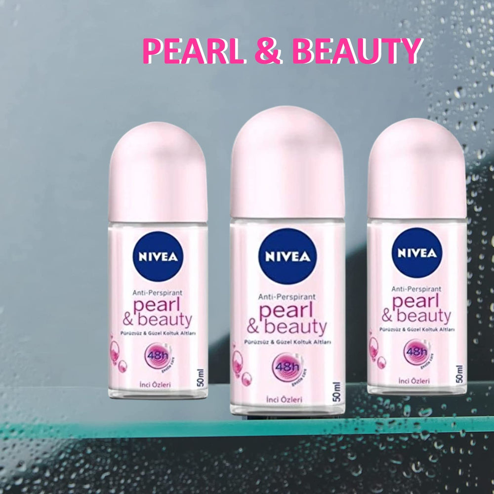 NIVEA Pearl & Beauty deodorant roll-on delivering long-lasting freshness all day.